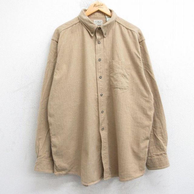 XL★古着 エルエルビーン 長袖 フランネル シャツ メンズ 00年代 00s 大きいサイズ ロング丈 コットン ボタンダウン カナダ製 ベージュ 25nov20