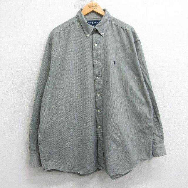 XL★古着 ラルフローレン 長袖 ブランド フランネル シャツ メンズ 90年代 90s ワンポイントロゴ BLAIRE 大きいサイズ ロング丈 コットン ボタンダウン 濃緑系他【spe】 25nov20