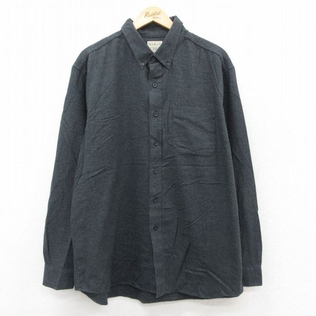 XL★古着 エルエルビーン 長袖 フランネル シャツ メンズ 00年代 00s 千鳥格子 大きいサイズ コットン ボタンダウン 黒他 25nov20