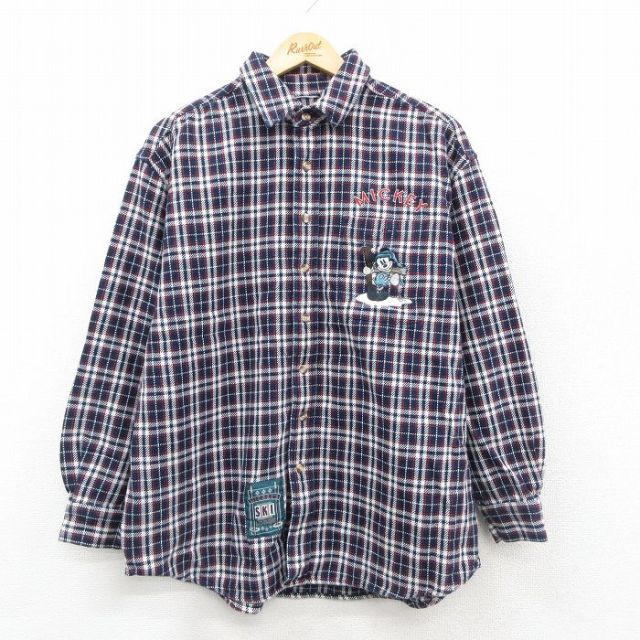ディズニー 長袖フランネルシャツ ミッキースキー ネイビーチェック XL | 古着