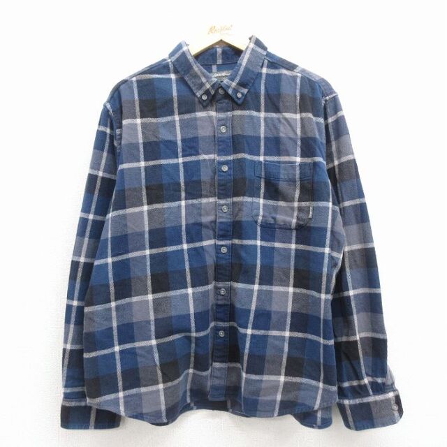 XL★古着 エディーバウアー 長袖 フランネル シャツ メンズ 大きいサイズ ボタンダウン 紺 チェック 25nov22