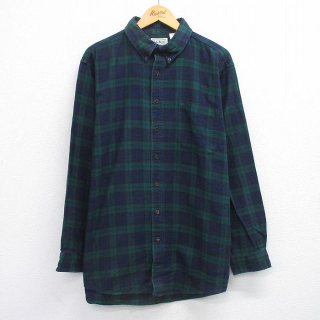 【20%OFF】XL★古着 エルエルビーン 長袖 フランネル シャツ メンズ 80年代 80s 大きいサイズ ロング丈 コットン ボタンダウン USA製 紺他 チェック 25nov26
