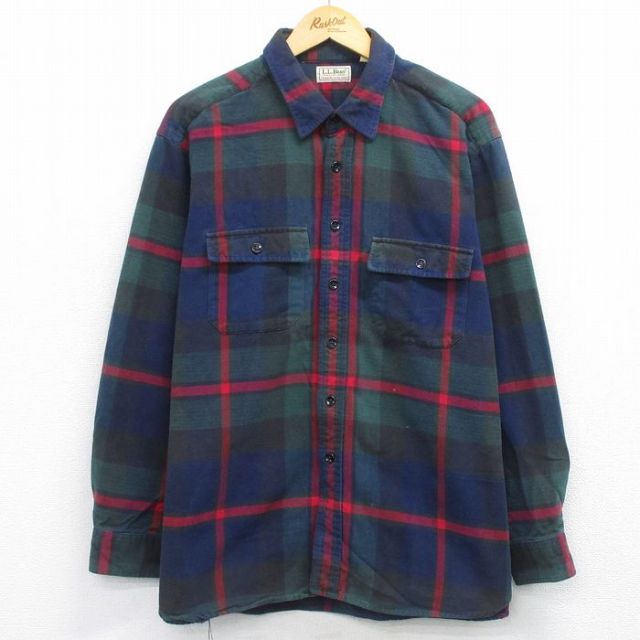 XL★古着 エルエルビーン 長袖 ヘビー フランネル シャツ メンズ 80年代 80s シャモアクロス 大きいサイズ コットン USA製 紺他 チェック 25nov26