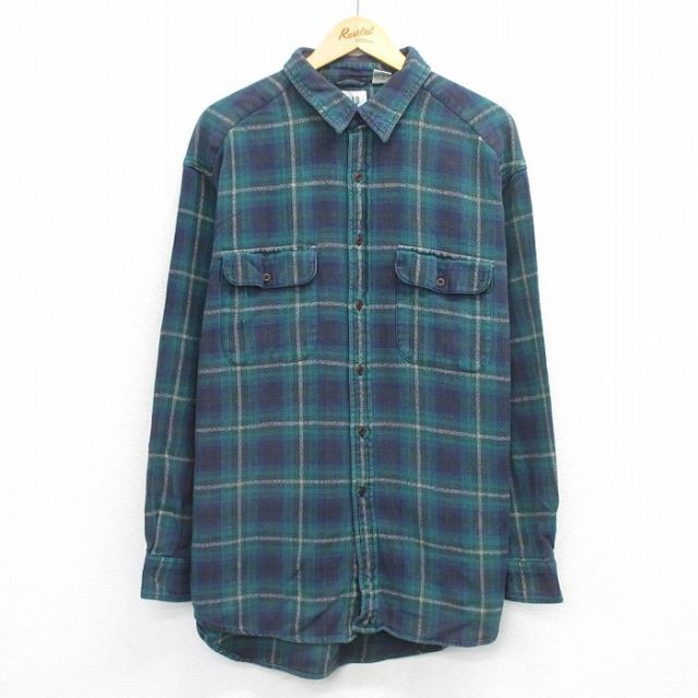 XL★古着 ギャップ GAP 長袖 フランネル シャツ メンズ 00年代 00s　ロング丈 コットン 緑他 チェック 25nov26