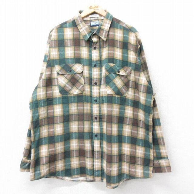 XL★古着 長袖 フランネル シャツ メンズ 90年代 90s 大きいサイズ ロング丈 USA製 濃緑他 チェック 25nov27