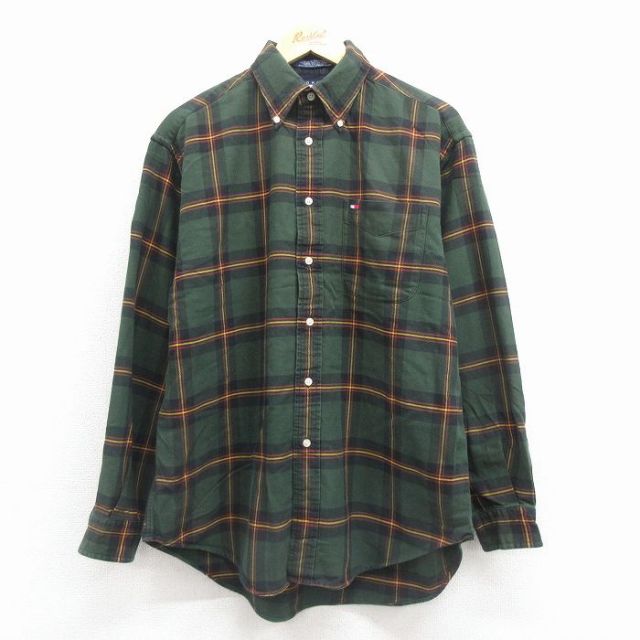L★古着 トミーヒルフィガー 長袖 ブランド フランネル シャツ メンズ 90年代 90s ワンポイントロゴ コットン ボタンダウン 緑他 チェック 25dec06