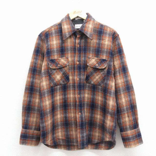 M★古着 長袖 ウール シャツ メンズ 80年代 80s 茶他 チェック 25dec06