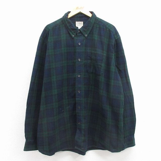 XL★古着 エルエルビーン 長袖 フランネル シャツ メンズ 00年代 00s 大きいサイズ ロング丈 コットン ボタンダウン 緑 タータン チェック ブラックウォッチ 25dec06