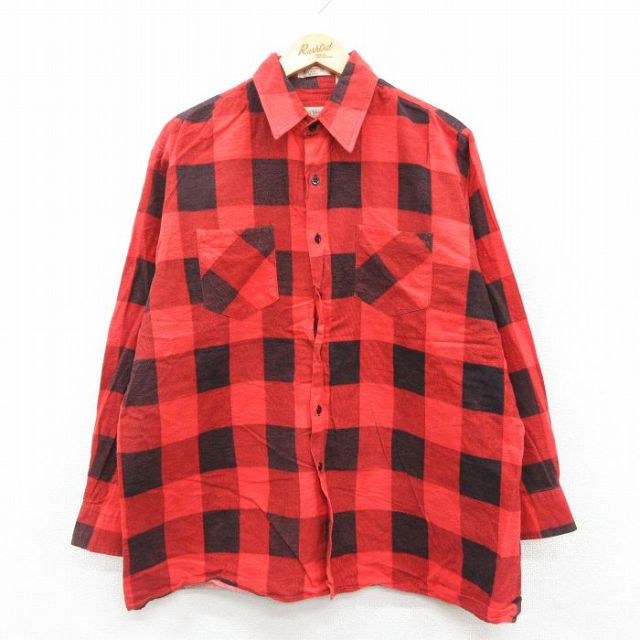 XL★古着 長袖 フランネル シャツ メンズ 90年代 90s コットン 赤他 バッファロー チェック 25dec08