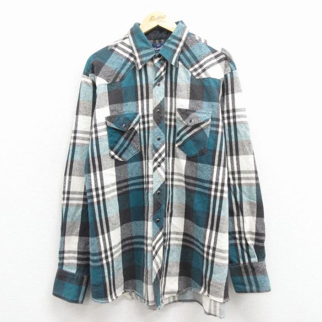 XL★古着 ラングラー 長袖 ヘビー フランネル シャツ メンズ 90年代 90s 大きいサイズ ロング丈 青緑他 チェック 25dec08