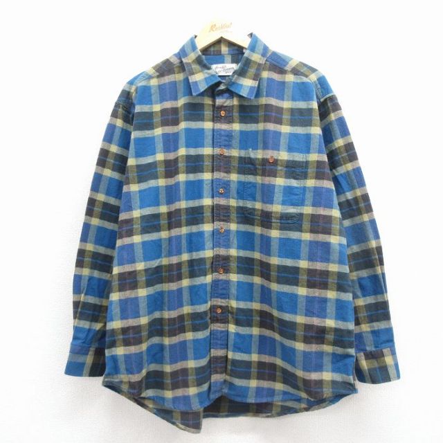 XL★古着 シアーズ 長袖 フランネル シャツ メンズ 90年代 90s 大きいサイズ コットン 青 チェック 25dec08