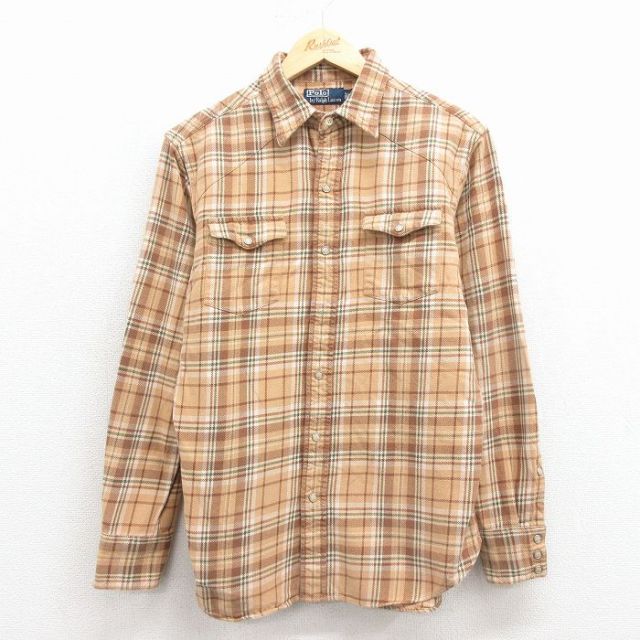 M★古着 ラルフローレン 長袖 ブランド ウエスタン フランネル シャツ メンズ 90年代 90s コットン 茶 チェック 25dec08