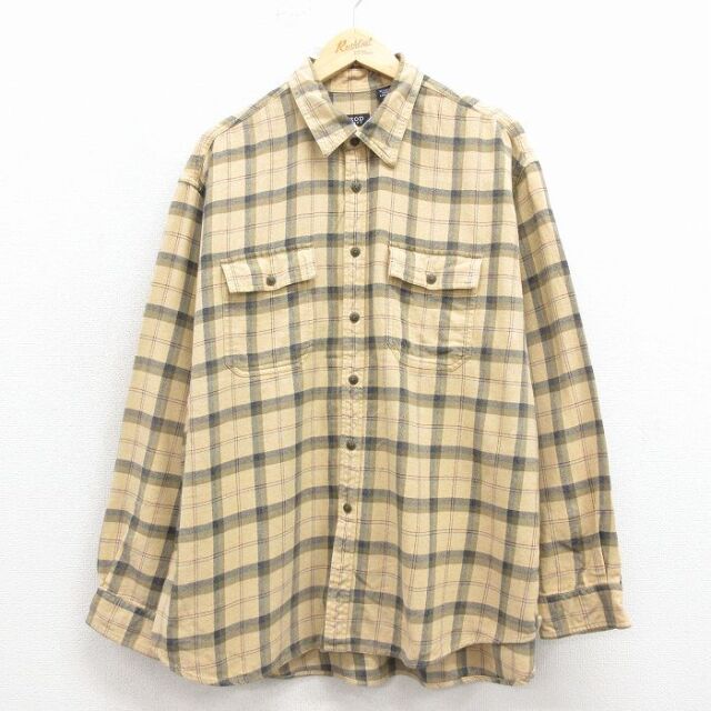 XL★古着 IZOD 長袖 フランネル シャツ メンズ 大きいサイズ コットン ベージュ チェック 25dec15