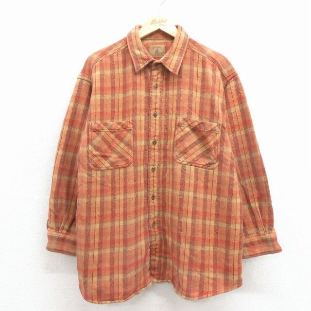 XL★古着 セントジョンズベイ 長袖 ヘビー フランネル シャツ メンズ 大きいサイズ コットン 茶 チェック 25dec15