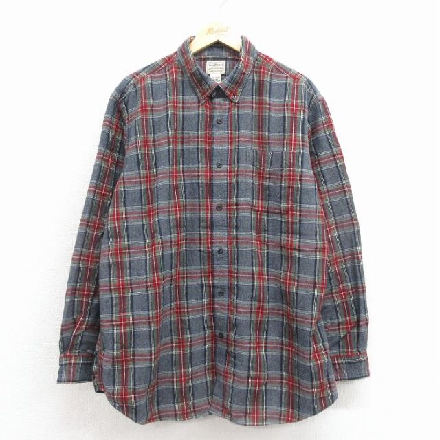 XL★古着 エルエルビーン 長袖 フランネル シャツ メンズ 00年代 00s 大きいサイズ コットン ボタンダウン グレー チェック 25dec15