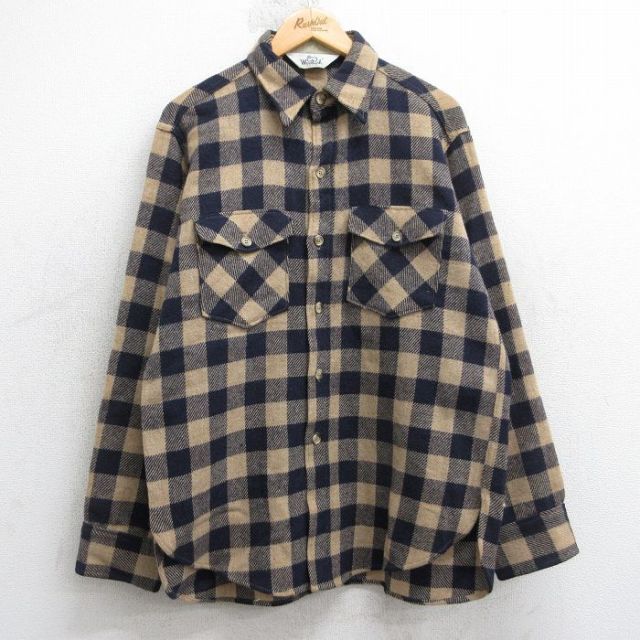 L★古着 ウールリッチ 長袖 ウール シャツ メンズ 80年代 80s USA製 ベージュ他 チェック 25dec18