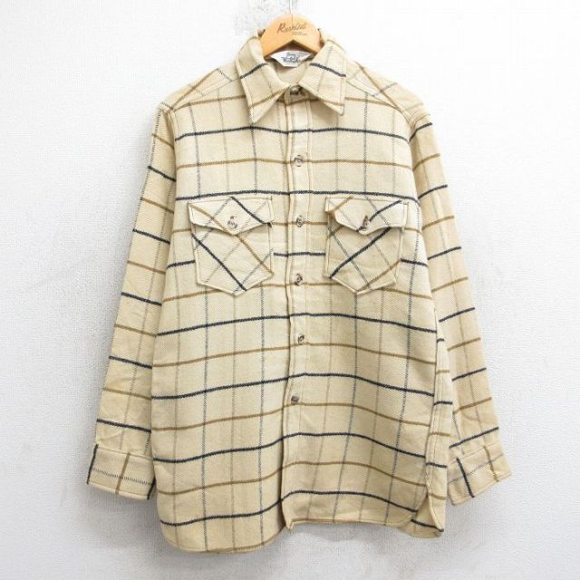 M★古着 ウールリッチ 長袖 ウール シャツ メンズ 80年代 80s ベージュ他 チェック 25dec18