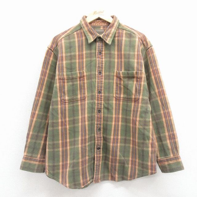 XL★古着 セントジョンズベイ 長袖 ヘビー フランネル シャツ メンズ コットン 薄緑他 チェック 25dec24