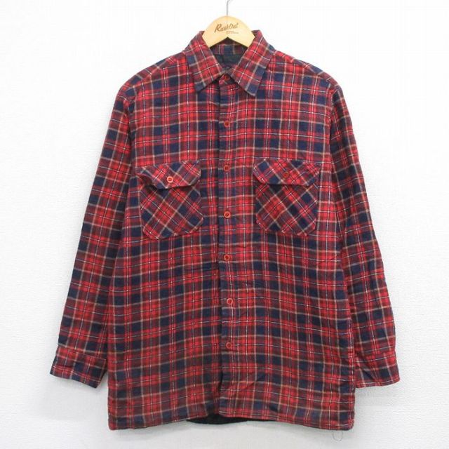 L★古着 長袖 フランネル シャツ メンズ 90年代 90s 赤他 チェック 内側キルティング 25dec29