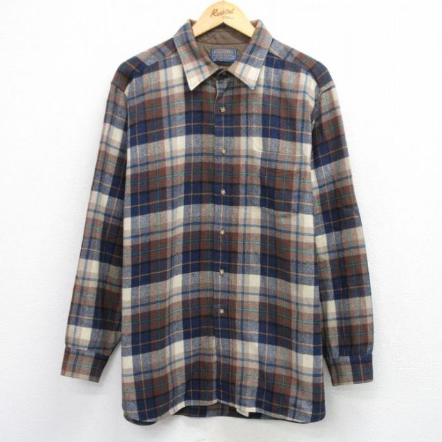 XL★古着 ペンドルトン 長袖 ウール シャツ メンズ 80年代 80s USA製 紺他 チェック 25dec29