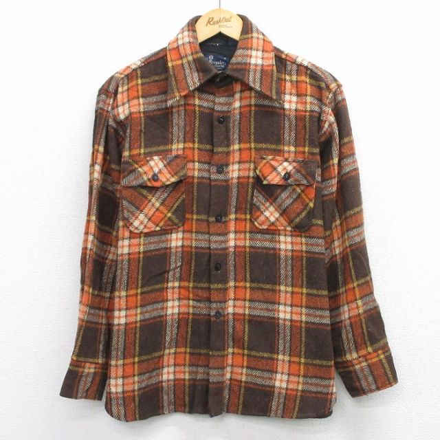 L★古着 長袖 ウール シャツ メンズ 80年代 80s cpo 茶他 チェック 25dec29
