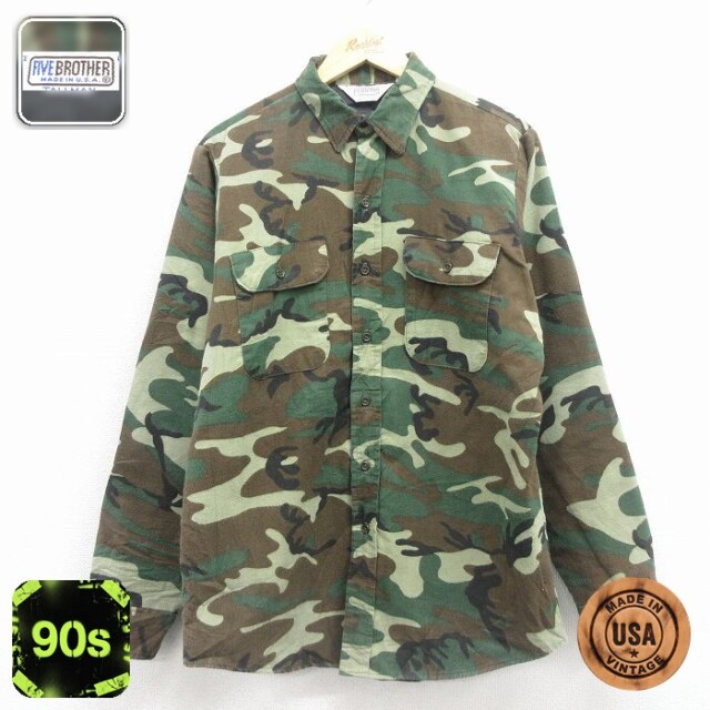 【50%OFF】ファイブブラザー 90s 長袖フランネルシャツ ウッドランドカモ グリーン L | 古着