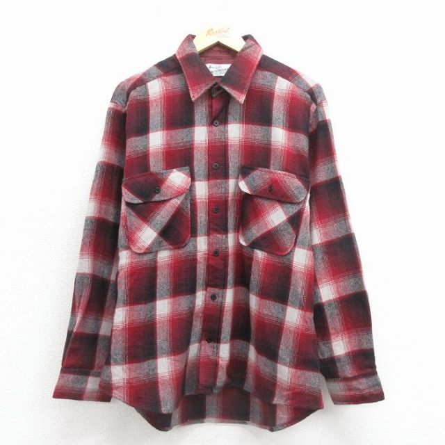 XL★古着 シアーズ 長袖 シャツ メンズ 80年代 80s エンジ他 チェック 26jan08
