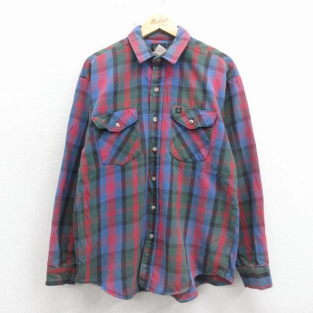 XL★古着 CODET 長袖 ヘビー フランネル シャツ メンズ 90年代 90s コットン 薄紺他 チェック 26jan08