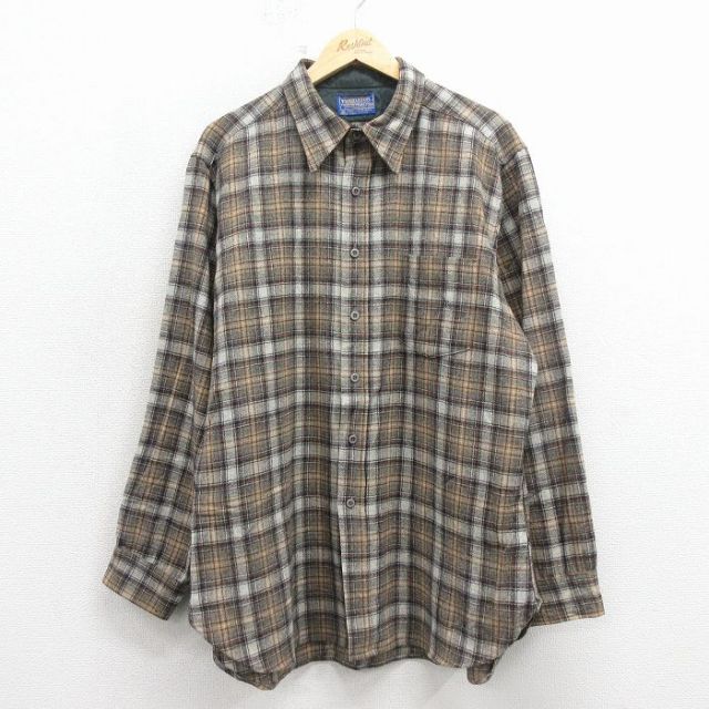 XL★古着 ペンドルトン 長袖 ウール シャツ メンズ 80年代 80s ロング丈 USA製 ベージュ チェック【spe】 26jan08