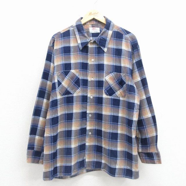 XL★古着 長袖 フランネル シャツ メンズ 80年代 80s 大きいサイズ 濃紺他 チェック 26jan08