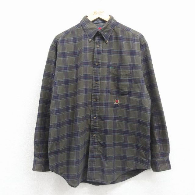 トミーヒルフィガー 90s フランネルシャツ ワンポイントロゴ グリーンチェック XL | 古着