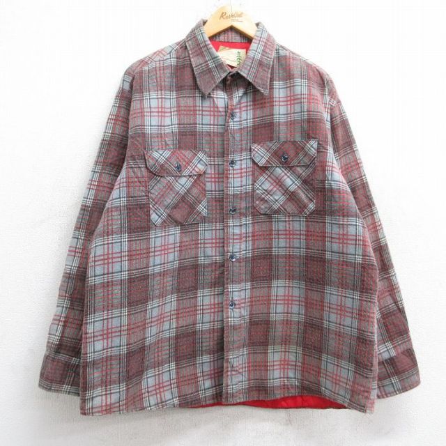 XL★古着 シアーズ 長袖 フランネル シャツ メンズ 80年代 80s 大きいサイズ グレー他 チェック 内側キルティング 26jan13