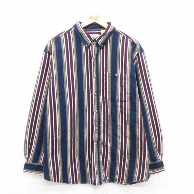 XL★古着 長袖 フランネル シャツ メンズ 00年代 00s コットン ボタンダウン 濃紺他 ストライプ 26jan15