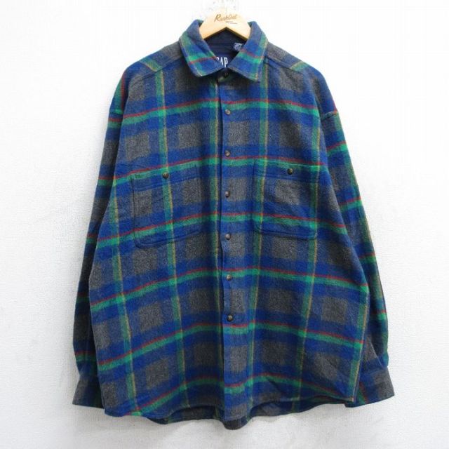 XL★古着 ギャップ GAP 長袖 ウール シャツ メンズ 90年代 90s 大きいサイズ グレー他 チェック【spe】 26jan16