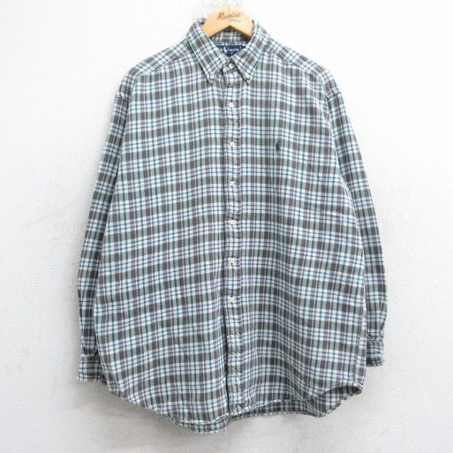 XL★古着 ラルフローレン 長袖 ブランド フランネル シャツ メンズ 90年代 90s ワンポイントロゴ BLAIRE 大きいサイズ コットン ボタンダウン 濃グレー他 チェック 26jan16