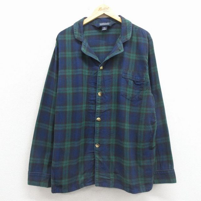 XL★古着 ランズエンド 長袖 フランネル シャツ パジャマ メンズ 00年代 00s コットン 開襟 オープンカラー 紺他 チェック 26jan17