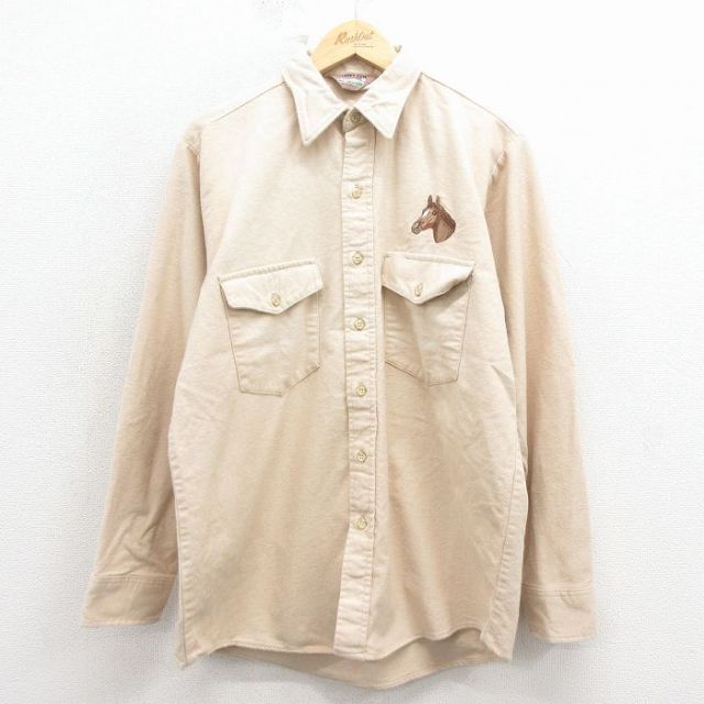 L★古着 長袖 フランネル シャツ メンズ 80年代 80s 馬 コットン USA製 薄ベージュ 26jan17