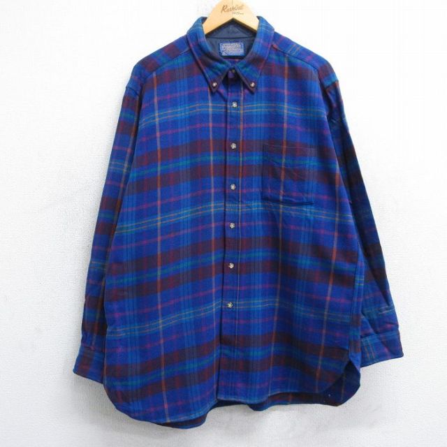 XL★古着 ペンドルトン 長袖 ウール シャツ メンズ 80年代 80s ボタンダウン USA製 青他 チェック 26jan20