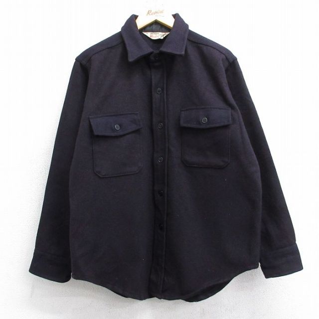 L★古着 長袖 ウール シャツ メンズ 80年代 80s 紺 26jan20