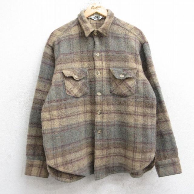 L★古着 ウールリッチ 長袖 ウール シャツ メンズ 80年代 80s USA製 ベージュ他 チェック 26jan20
