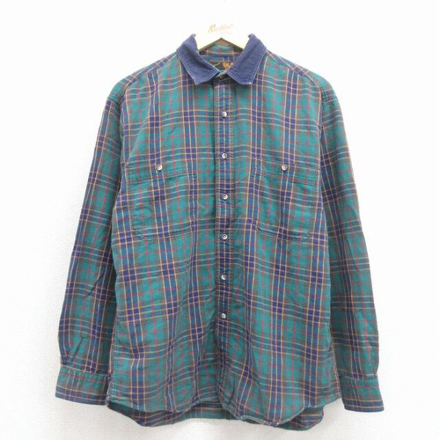 L★古着 エディーバウアー 長袖 フランネル シャツ メンズ 90年代 90s 襟コーデュロイ コットン 緑他 チェック【spe】 26feb02
