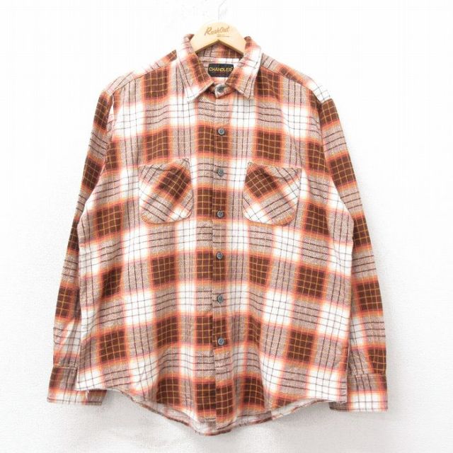 XL★古着 長袖 フランネル シャツ メンズ 80年代 80s コットン 濃ベージュ チェック 26feb04