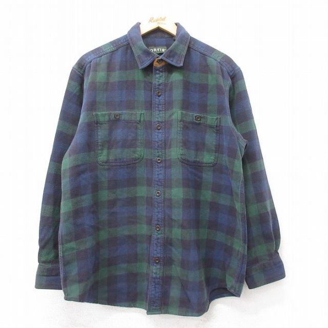 XL★古着 オービス 長袖 ヘビー フランネル シャツ コットン 濃紺他 チェック 26feb04