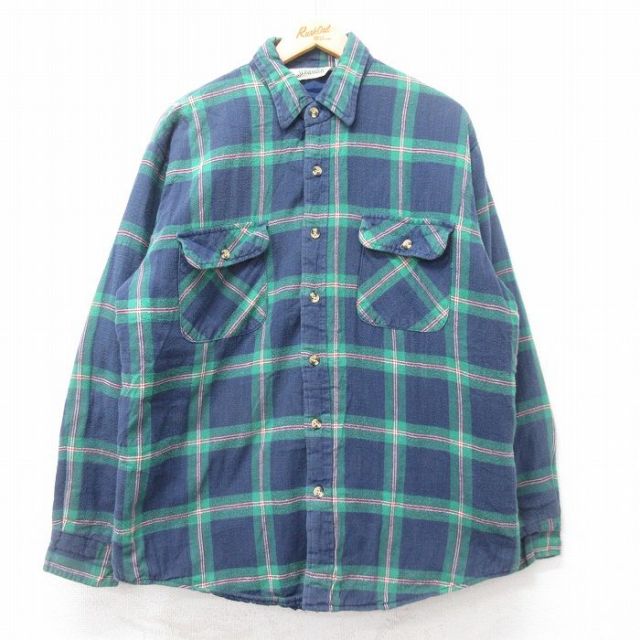 XL★古着 セントジョンズベイ 長袖 フランネル シャツ メンズ 90年代 90s 濃紺他 チェック 26feb04