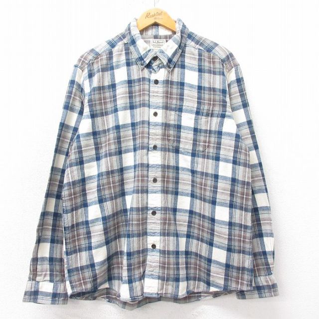 XL★古着 エルエルビーン 長袖 フランネル シャツ メンズ 00年代 00s コットン ボタンダウン 紺他 チェック 26feb04