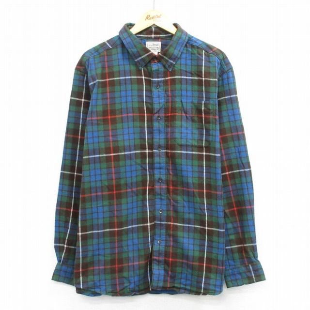 XL★古着 エルエルビーン 長袖 フランネル シャツ メンズ 00年代 00s 大きいサイズ ロング丈 コットン ボタンダウン 緑他 チェック 26feb04