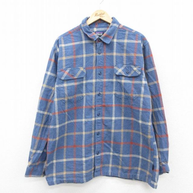 XL★古着 パタゴニア patagonia 長袖 フランネル シャツ メンズ オーガニックコットン 薄紺他 チェック 26feb07
