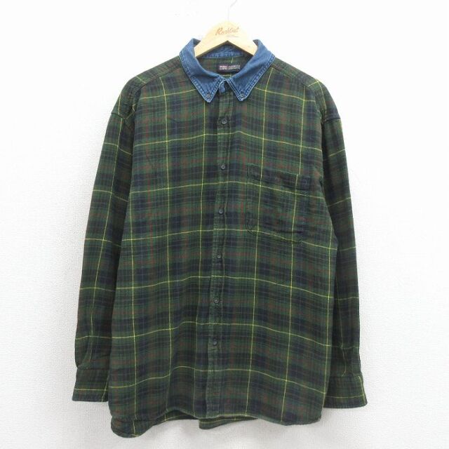 FADED GLORY 長袖フランネルシャツ グリーンチェック XL | 古着