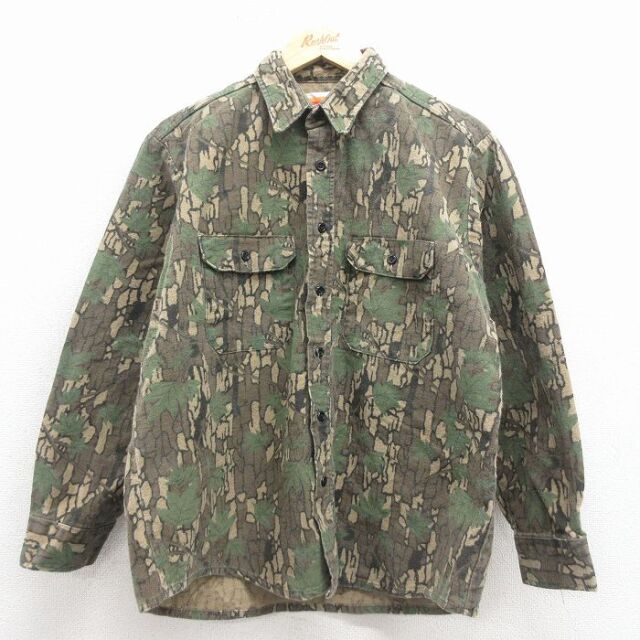 ハンティング 90s 長袖フランネルシャツ TREBARK ベージュ迷彩 L | 古着