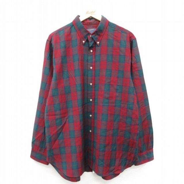 XL★古着 ペンドルトン 長袖 ウール シャツ メンズ 80年代 80s ロング丈 USA製 エンジ他 チェック 26feb12